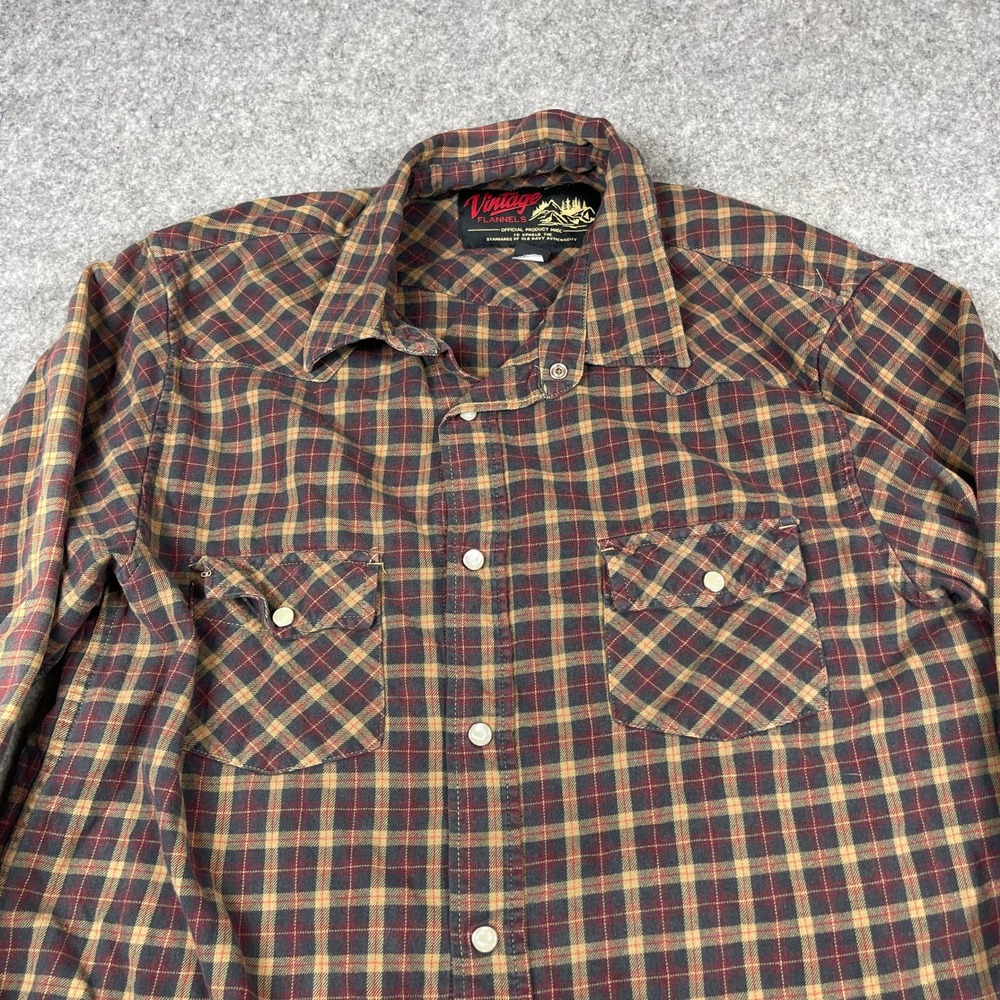 Old Navy Vintage Flannels Mens Large Western Pearl Snap Plaid Shirt Burgundy Tan